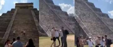 Un turista se subió a la pirámide de Chichén Itzá y al bajar lo recibieron a los palazos
